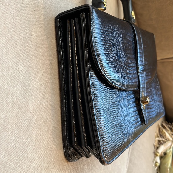 Rosart Vintage Satchel Black Handbag Embossed Croc & Handel with Gold Roses - Picture 14 of 16